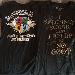 Two Harry Potter t-shirts. One says small and other medium.  Close to same size